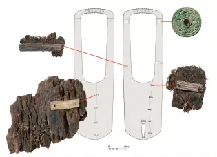  ??  ?? Above: Lyre back and front faces with details of surviving parts, clockwise from top right: gilded copper-alloy decorative mount with central garnet; two silver and gilded copper-alloy repair strips over cracks in wood; silver strip fitting