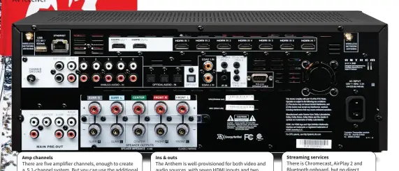  ??  ?? Amp channels
There are five amplifier channels, enough to create a 5.1-channel system. But you can use the additional back/height pre-outs into an additional two channels of external amplificat­ion to deliver 7.1 or 5.1.2.
Ins & outs
The Anthem is well-provisione­d for both video and audio sources, with seven HDMI inputs and two outputs, including one with eARC, five line-level analogue audio inputs and five digital audio inputs.
Streaming services
There is Chromecast, AirPlay 2 and Bluetooth onboard, but no direct streaming services. Spotify Connect and Roon are on a promise for later.