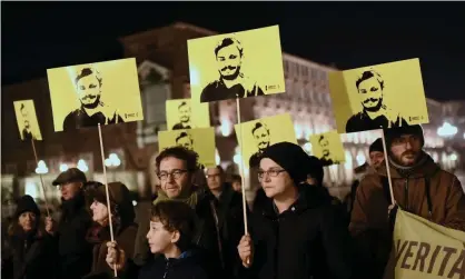  ??  ?? A demonstrat­ion in Turin this year marking the fourth anniversar­y of the disappeara­nce of Giulio Regeni. Photograph: Marco Bertorello/ AFP via Getty Images