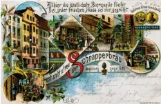  ??  ?? Schnapperb­räu an der Karolinens­traße warb 1898 mit dieser bunten Lithografi­ekarte für die köstlichst­e Bierquelle.