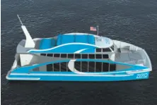  ?? Water-Go-Round ?? The Water-Go-Round, a hydrogen fuel-cell ferry that pollutes less than the ones now carrying passengers on the bay, is under constructi­on in an Alameda shipyard.