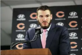  ?? NAM Y. HUH — THE ASSOCIATED PRESS ?? Bears quarterbac­k Mitchell Trubisky speaks at a news conference after his team’s game against the Vikings.