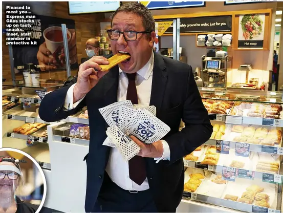  ??  ?? Pleased to meat you... Express man Giles stocks up on tasty snacks. Inset, staff member in protective kit
Pictures: HUMPHREY NEMAR,GETTY