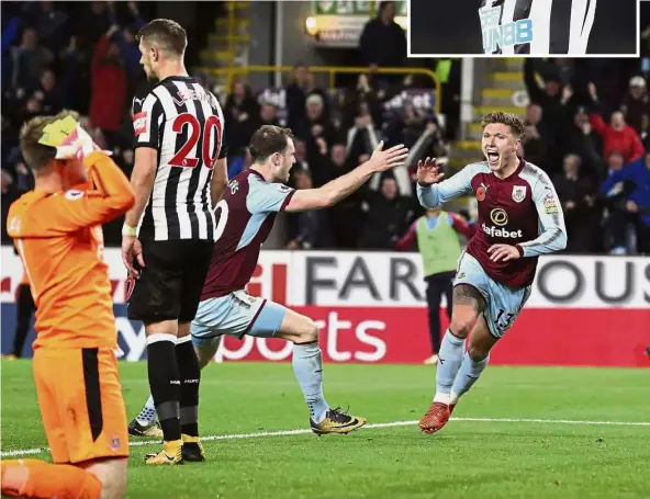  ?? — AP / Reuters ?? In seventh heaven: Jeff Hendrick (right) reeling away in jubilation after scoring for Burnley against Newcastle in the English Premier League clash at Turf Moor on Monday. Inset: Ayoze Perez reacting after missing a chance to score for Newcastle.