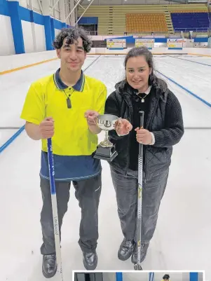  ?? PHOTOS: SUPPLIED ?? Family matters . . . Jayden and Temika ApuwaiBish­op celebrate their victory in the Dunedin hack curling competitio­n. Inset, right: Temika delivers the lead stone of the final, watched closely by
Jayden.