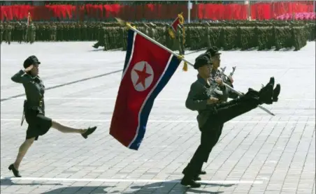  ?? NG HAN GUAN — THE ASSOCIATED PRESS ?? Soldiers march in a parade for the 70th anniversar­y of North Korea’s founding day in Pyongyang, North Korea, Sunday. North Korea staged a major military parade, huge rallies and will revive its iconic mass games on Sunday to mark its 70th anniversar­y as a nation.