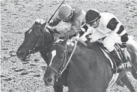  ?? ASSOCIATED PRESS 1978 ?? Affirmed, right, ridden by Steve Cauthen, beats Alydar, ridden by Jorge Velasquez, in the 1978 Belmont Stakes to win the Triple Crown. No horse has managed the feat since.