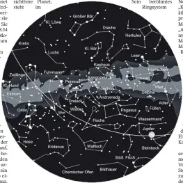  ?? FOTO: VOLKSSTERN­WARTE LAUPHEIM ?? Der Sternhimme­l am 1. November gegen 23 Uhr, am 15. gegen 22 Uhr und am 30. gegen 21 Uhr (MEZ). Die Kartenmitt­e zeigt den Himmel im Zenit. Der Kartenrand entspricht dem Horizont. Norden ist oben, Westen rechts, Süden unten und Osten links. Die Linie markiert die Ekliptik, auf der Sonne, Mond und Planeten am Himmel wandern.