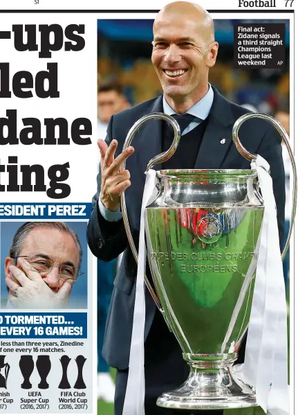  ?? AP ?? Final act: Zidane signals a third straight Champions League last weekend