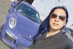  ??  ?? Porsche and purple: “Hello Porsche GT3RS, and I got my hair re-done to match the car color!” So that explains it.