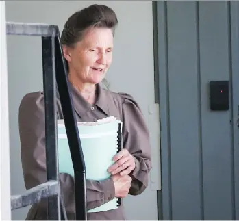  ?? THE CANADIAN PRESS ?? Gail Blackmore, 60, leaves court during a lunch break in her sentencing hearing in Cranbrook, Alta., on June 30. She and her husband Brandon Blackmore were convicted of taking their 13-year-old daughter into the U.S. to marry the now-imprisoned leader...