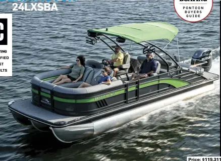  ??  ?? Price: $119,311
SPECS: LOA: 25'9" BEAM: 8'6" DRAFT: 2'7" DRY WEIGHT: 3,238 lb. SEAT/WEIGHT CAPACITY: 13/1,387 lb. FUEL CAPACITY: 50 gal.
HOW WE TESTED: ENGINE: Suzuki DF300B DRIVE/PROP: Outboard/Dual-prop Suzuki 15.5" x 21" 3-blade stainless steel GEAR RATIO: 2.29:1 FUEL LOAD: 12 gal. CREW WEIGHT: 190 lb.