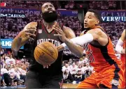  ??  ?? Rockets 113, Thunder 109
Houston guard James Harden (left) is fouled by Oklahoma City forward Andre Roberson in the fourth quarter of Sunday’s game. Harden and the Rockets took a 3-1 lead in their NBA Western Conference playoff series.