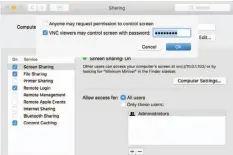  ??  ?? The Computer Settings dialog lets you enable standard password-based VNC remote-desktop access.