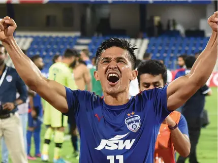  ?? — SHASHIDHAR B. ?? BFC skipper Sunil Chhetri celebrates after their win over Maziya S&RC at the Sree Kanteerava Stadium on Wednesday.