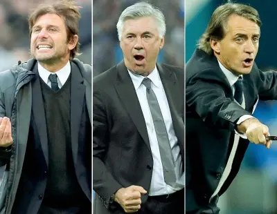  ??  ?? Papabili c.t. Antonio Conte, 48 anni, Carlo Ancelotti, 58, e Roberto Mancini, 53 (Reuters, Ipp, Getty Images)