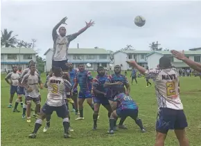  ?? Photo: Grace Narayan ?? Navy in a lineout tussle against Fiji Ports at the Nasova Police grounds in Suva on June 8, 2019.