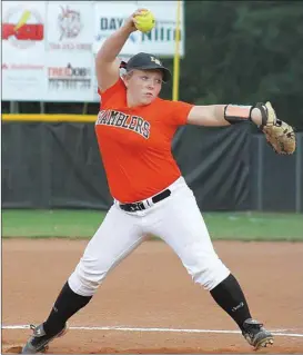  ??  ?? LaFayette's Hannah Blevins winds up as she gets set to fire toward the plate in last week's game at Pickens. (Photo by Misty Cook)