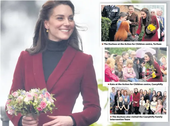  ?? Joe Giddens ?? > The Duchess at the Action for Children centre, Torfaen > Kate at the Action for Children centre, Caerphilly > The Duchess of Cambridge leaves after visiting the Caerphilly Family Interventi­on Team yesterday > The duchess also visited the Caerphilly...