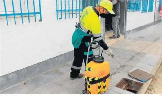  ?? H.I. ?? Un trabajador municipal realizando las tareas de desinsecta­ción en una arqueta de una de las calles de la capital.