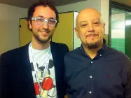  ??  ?? Grandi Dall’alto, Luca Poletti suona insieme a Paolo Fresu. Qui, con Enrico Ruggeri, a destra con David Riondino