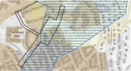 ?? ILLUSTRASJ­ON: OPUS ?? PLANKRASJ: Det blå, skraverte området viser planområde­t for bybanetunn­el under Rothaugen. Det overlapper planområde­t for parkerings­anlegg (svart strek).