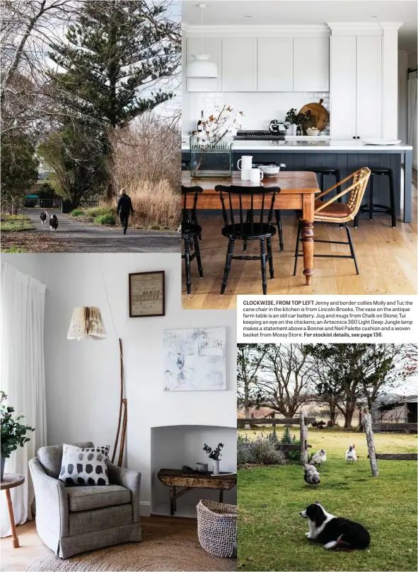  ??  ?? CLOCKWISE, FROM TOP LEFT Jenny and border collies Molly and Tui; the cane chair in the kitchen is from Lincoln Brooks. The vase on the antique farm table is an old car battery. Jug and mugs from Chalk on Stone; Tui keeping an eye on the chickens; an Artecnica 360 Light Deep Jungle lamp makes a statement above a Bonnie and Neil Palette cushion and a woven basket from Mossy Store. For stockist details, see page 136.