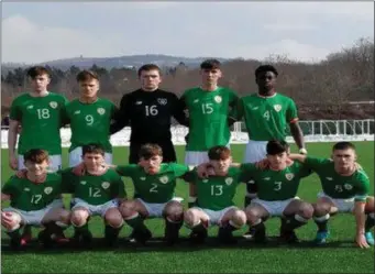  ??  ?? Seamas Keogh (right on front row) captain of the Republic of Ireland U16s in Budapest.