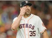  ?? DAVID J. PHILLIP/AP ?? The Astros’ Justin Verlander lost a 5-0 lead in Game 1, as his World Series ERA jumped to 6.07, the highest of any pitcher to throw at least 30 innings in the World Series. Game 2 was not over in time for this edition.