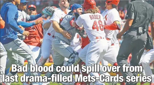  ?? Getty Images ?? BY BRAWL MEANS: St. Louis manager Oliver Marmol isn’t expecting any bad blood to carry over from when the Mets and Cardinals played last month, when the benches cleared after Nolan Arenado took exception to an up-and-in pitch from Yoan Lopez.