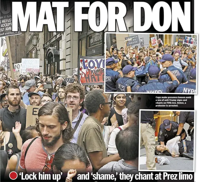  ??  ?? Cops make presence known amid a sea of anti-Trump signs and chants on Fifth Ave. Below, a protester is arrested.