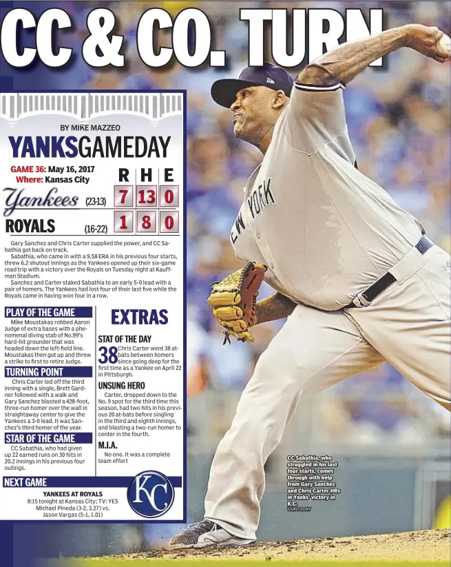  ?? USA TODAY ?? CC Sabathia, who struggled in his last four starts, comes through with help from Gary Sanchez and Chris Carter HRs in Yanks’ victory in K.C.
