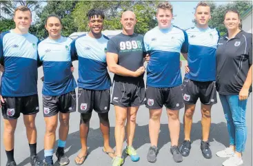  ??  ?? JET SET: Oliver Hilton Jones, Memphis Ngaruhe, Puru Aboagye, Paul Scutt, Jack Doyle, Jaymie Hilton Jones and Kristie Hilton Jones shortly before the five boys left to play in an internatio­nal youth rugby tournament in South Africa last week.