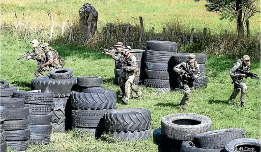  ??  ?? ‘‘We know there's a potential target who could be firing back, and we know where it is so there's no panic.’’ Ryan Ryder, Sam Collins, Giacomo Sardella, Nick Robinson, Jamie Auld and Clay Wilhelmus of Nelson Airsoft in action during a death match...