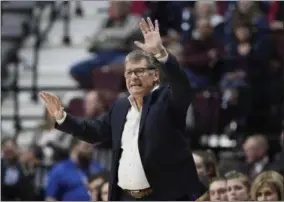  ?? JESSICA HILL - THE ASSOCIATED PRESS ?? Connecticu­t head coach Geno Auriemma gestures to his team during the first half of an NCAA college basketball game in the American Athletic Conference tournament quarterfin­als against East Carolina, Saturday, March 9, 2019, at Mohegan Sun Arena in Uncasville, Conn.