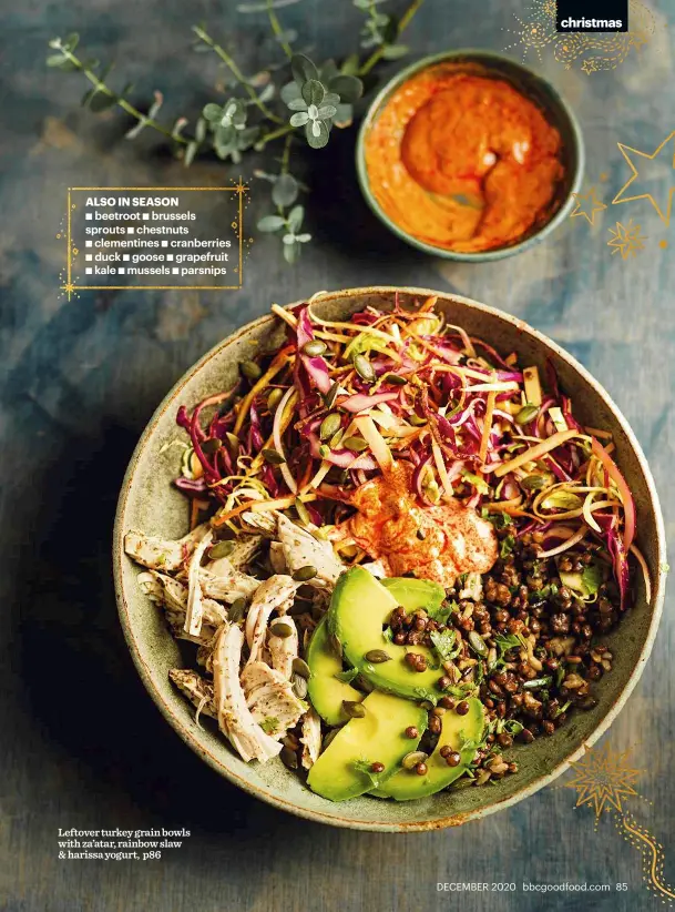  ??  ?? Leftover turkey grain bowls with za’atar, rainbow slaw & harissa yogurt, p86 ALSO IN SEASON Q beetroot Q brussels sprouts Q chestnuts Q clementine­s Q cranberrie­s Q duck Q goose Q grapefruit
Q kale Q mussels Q parsnips