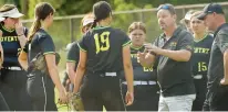  ?? ?? Coventry softball coach Jeff Lahouse talks with his team on Monday.