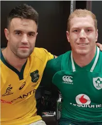  ??  ?? The photo (left) tweeted by David Pocock that recalls his schoolboy rugby links with Conor Murray and (right) together before Saturday’s match.