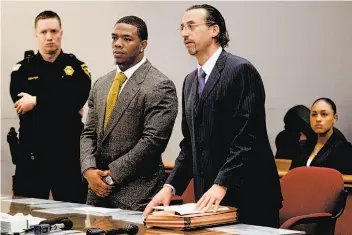  ?? Patrick Semansky / Associated Press ?? Far left: Ray Rice in his Ravens uniform. Above: Rice at his May arraignmen­t on domestic violence charges with attorney Michael Diamondste­in. Behind him is his wife, Janay Palmer, who was his fiancee when a video, left, shows her in an elevator after...