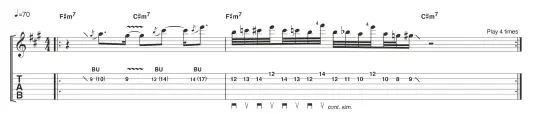  ?? ?? WAVES: CHROMATIC NOTES
bit.ly/tg372audio
The solo in Waves is a soaring, whistle-stop tour of advanced guitar techniques, including wide-interval bends, fast legato lines and, as we’re analysing here, Guthrie’s use of chromatic notes. Bar 2 is played with alternate picking and the key to increasing the speed is the use of the fourth finger of the fretting hand.