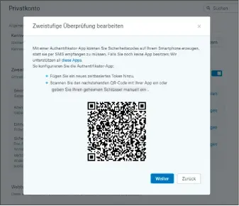  ??  ?? Auf der Website eines Dienstes, der mit 2FA arbeitet, richten Sie als zweiten Faktor beispielsw­eise eine Authentica­tor-app ein. Die Synchronis­ierung mit dem Smartphone erfolgt über den (abfotograf­ierten) Qr-code.