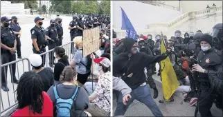  ?? THE ASSOCIATED PRESS ?? In this combinatio­n of photos, on demonstrat­ors, left, protest the death of George Floyd at the U.S. Capitol in Washington and Trump supporters try to break through a police barrier at the same location.