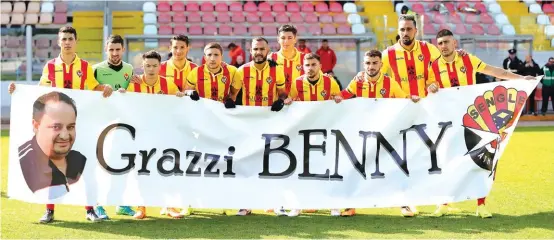  ??  ?? The banner says it all as Senglea Athletic honoured the passing away of their former Vice President Benny Casha before their 3-3 draw against leaders Valletta Photo: Domenic Aquilina