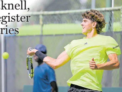  ?? PHOTOS BY RICARDO MAKYN/CHIEF PHOTO EDITOR ?? Jamaica’s Blaize Bicknell plays one of many devastatin­g forearms during a 6-1,3-6, 6-1 Davis Cup Group II victory over Barbados Kaipo Marshall at the Eric Bell Tennis Centre yesterday.