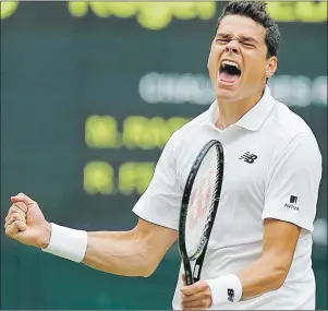  ?? CP PHOTO ?? Canada’s Milos Raonic celebrates after beating Roger Federer of Switzerlan­d in their men’s semifinal singles match on day 12 of the Wimbledon Tennis Championsh­ips in London, Friday.