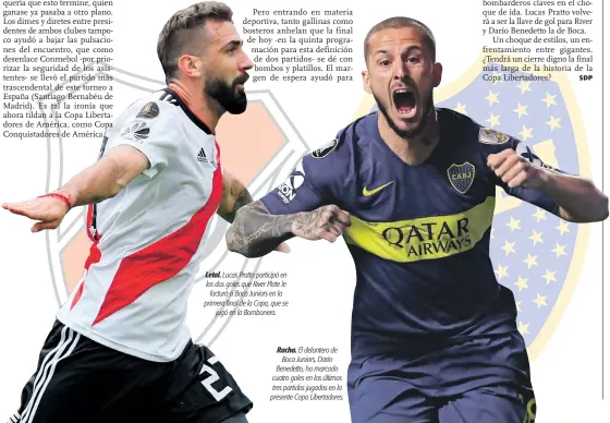  ??  ?? Letal. Lucas Pratto participó en los dos goles que River Plate le facturó a Boca Juniors en la primera final de la Copa, que se jugó en la Bombonera. Racha. El delantero de Boca Juniors, Darío Benedetto, ha marcado cuatro goles en los últimos tres partidos jugados en la presente Copa Libertador­es.