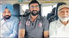 ??  ?? (Left) Minister of state Razia Sultana on board a chopper; her son Aqil flanked by the minister’s adviser Khurshid Jung (right) and Amarinder Singh’s political secretary Major Amardeep accompanyi­ng her on a trip to Amritsar. The pictures were shared on...