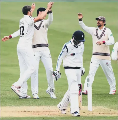  ?? PICTURE: SIMON COOPER/PA WIRE ?? TIME TO GO: Yorkshire’s Harry Brook departs for 31 after receiving a ‘snorter’ from Somerset’s Craig Overton.