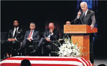  ?? [JAE C. HONG/THE ASSOCIATED PRESS] ?? Former Vice President Joe Biden gives a tribute during a memorial service at North Phoenix Baptist Church for Sen. John McCain on Thursday in Phoenix.