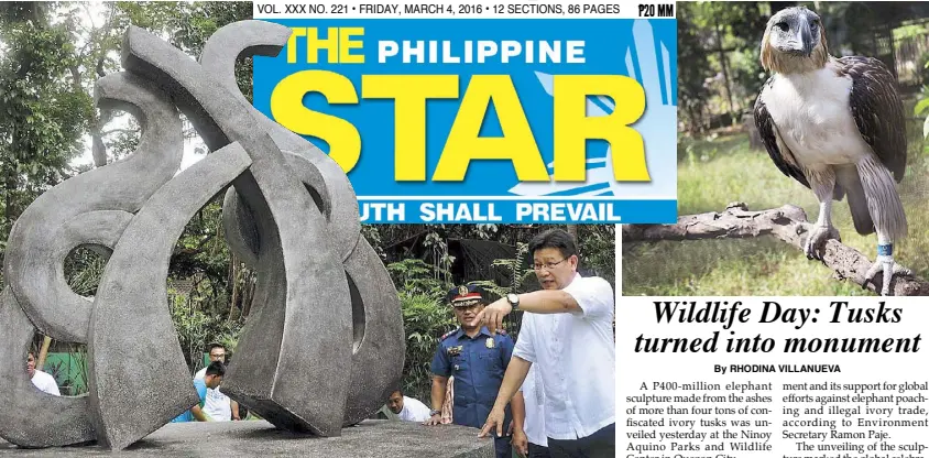  ??  ?? BOY SANTOS / MICHAEL VARCAS Environmen­t Secretary Ramon Paje unveils the Elephant Monumental Sculpture, partly made from the ashes of over four tons of elephant ivory tusks, during the celebratio­n of World Wildlife Day at the Ninoy Aquino Parks and...